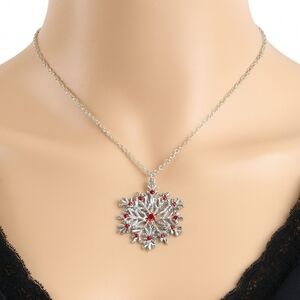 Christmas Silver tone Snowflake Pendant Necklace w/ Red Accents, Women's Jewelry